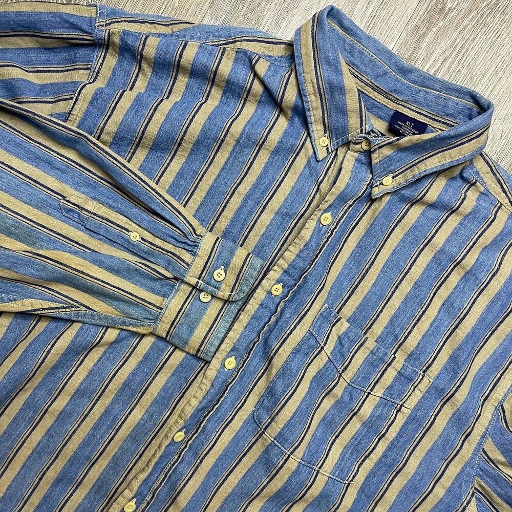 Vintage 90s Denim Shirt Men XLT Casual Midweight Blue Beige Striped Button Down